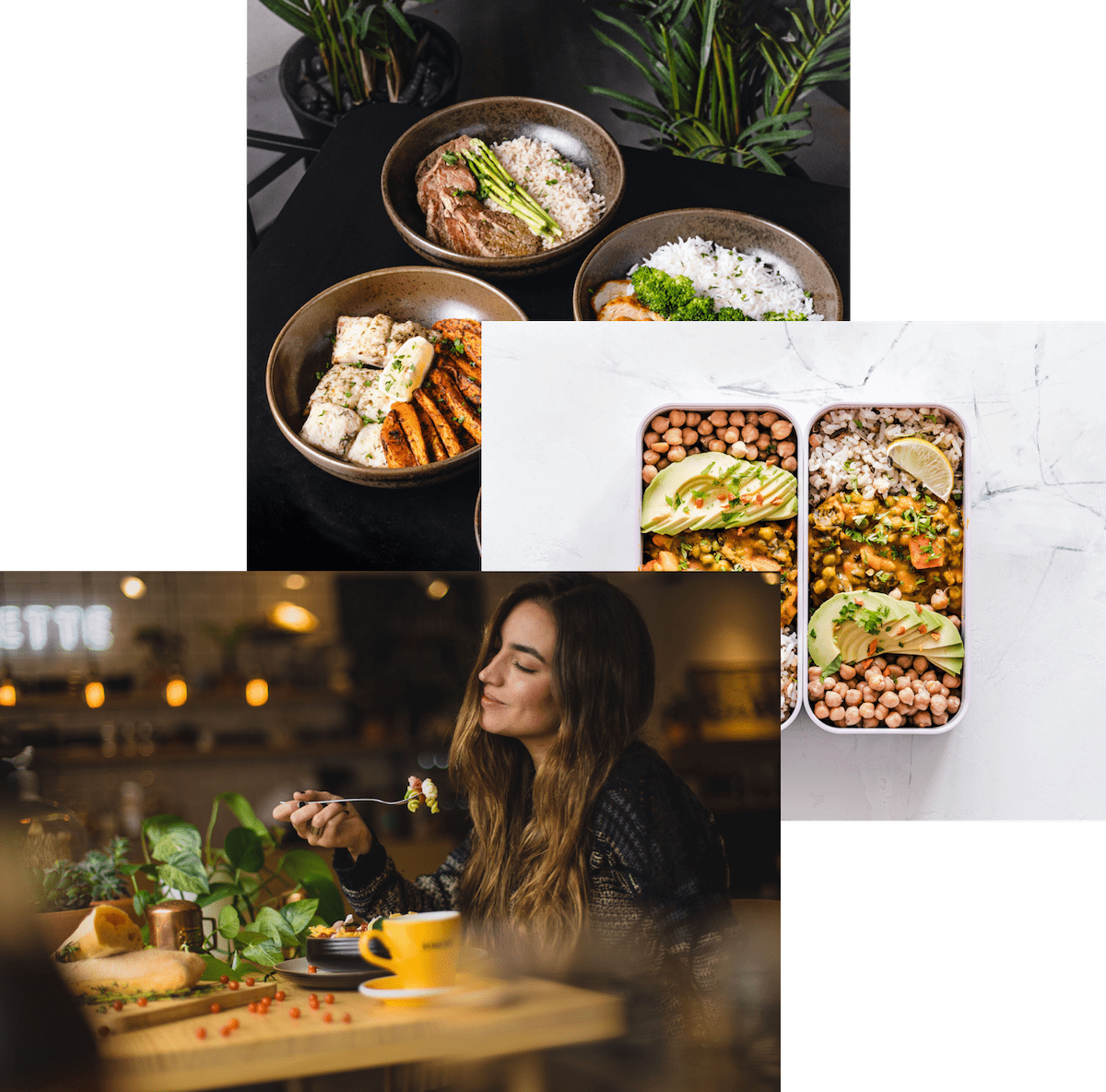 Woman eating healthy food, meats in container and food bowls on a table